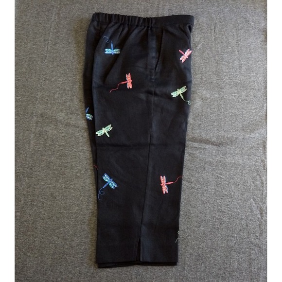 Appleseeds 100% Linen Cropped Pants Black Embroidered Dragonfly Women 6P Novelty - Picture 11 of 16